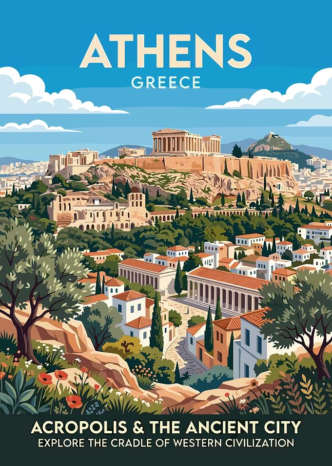 Athens Acropolis Vintage Travel Poster