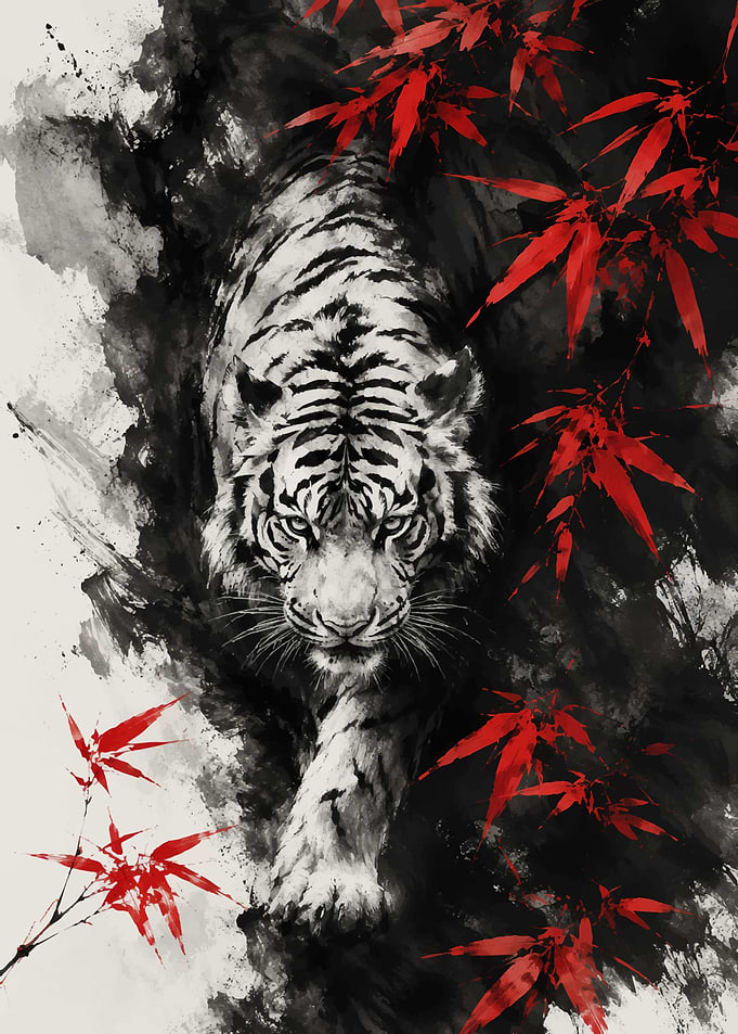 White Tiger with Red Bamboo