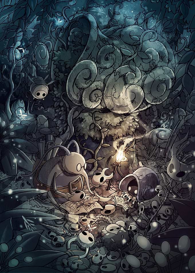 Hollow Knight characters in a forest