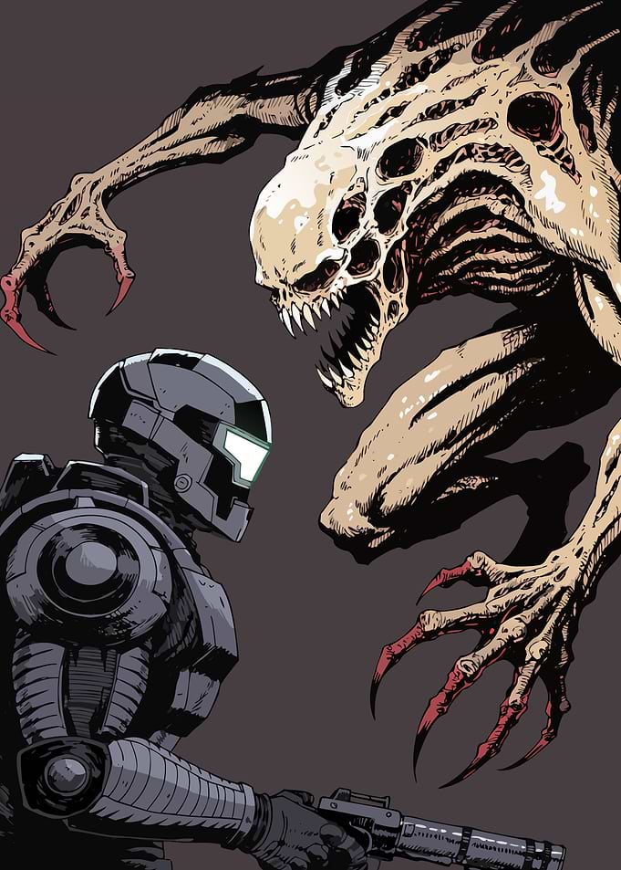 Soldier confronts monstrous alien creature
