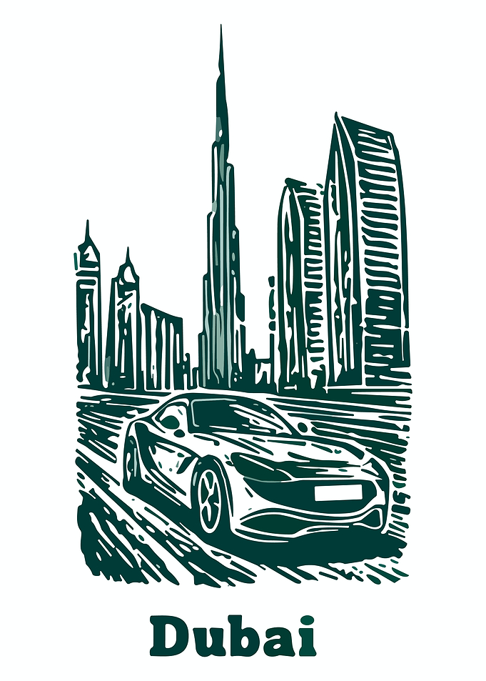 Dubai Skyline Linocut Poster Burj Khalifa Sports Car Wall Art Modern City Print