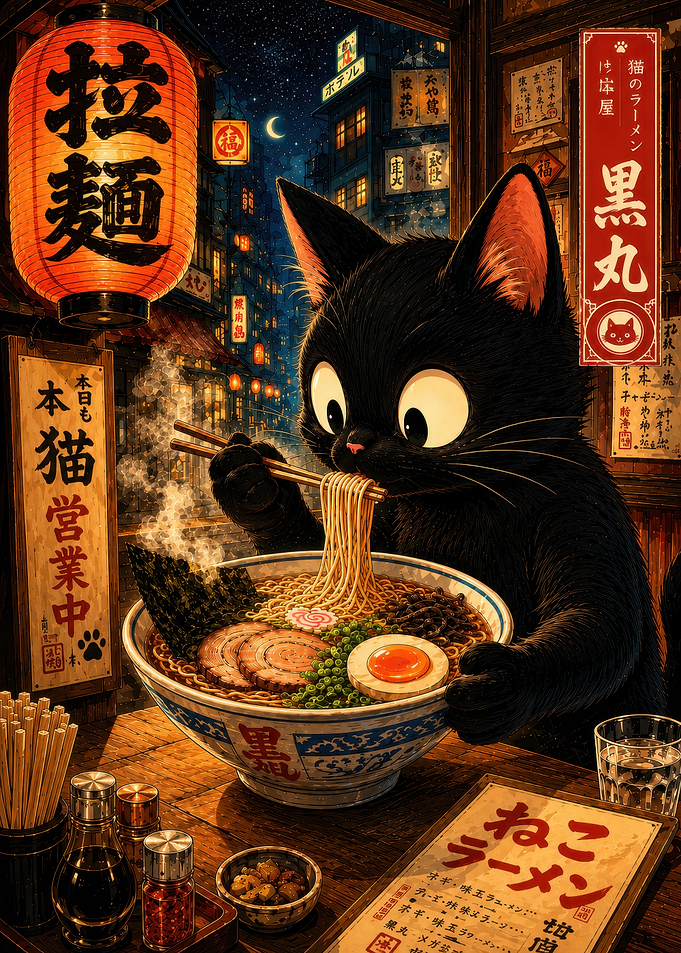 Black Cat Eating Ramen in Japan