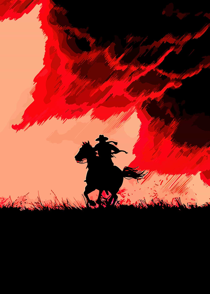 Cowboy Riding Horse Under Red Sky