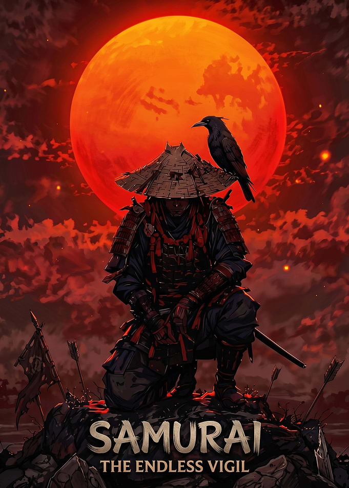 Samurai with Crow under Red Moon