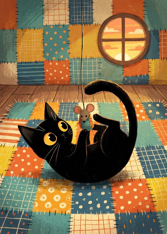 Black cat playing with a toy mouse