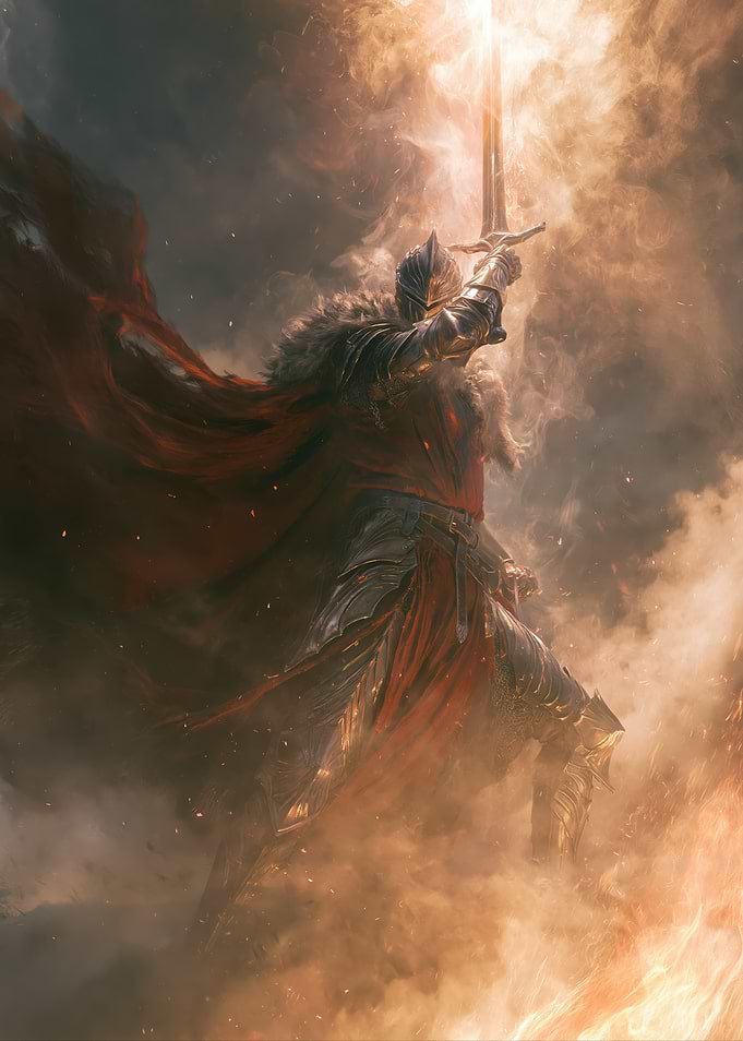 Knight Raising Sword in Fiery Smoke