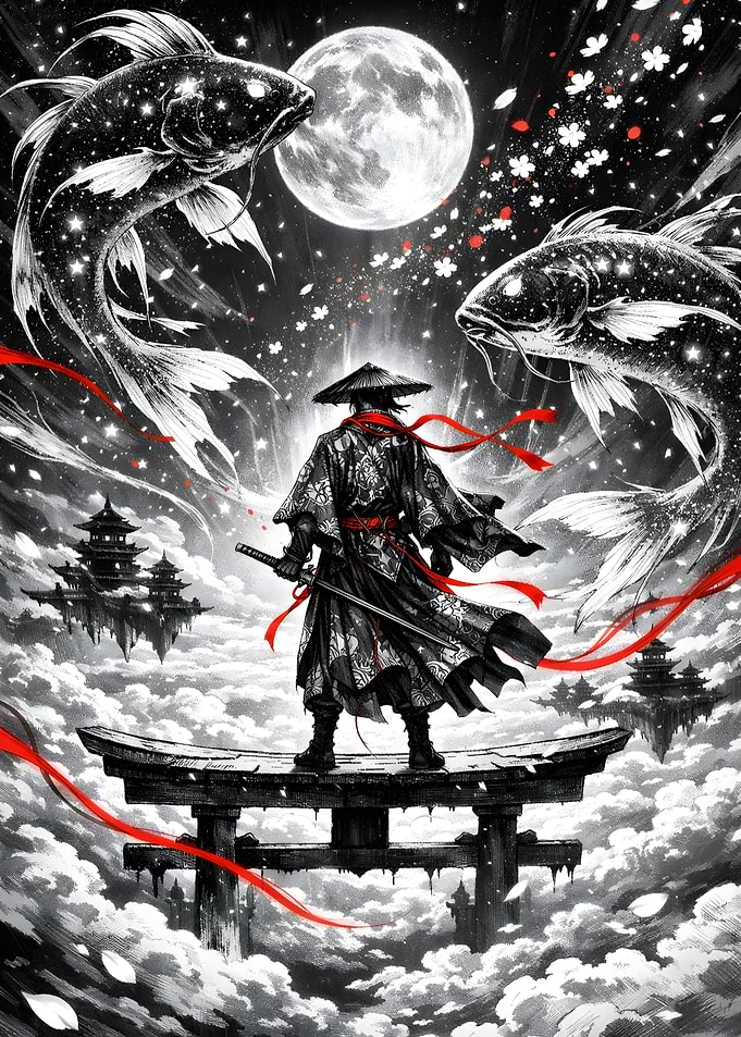 Samurai Warrior with Koi Fish and Moon