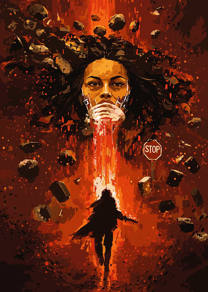 Control Resonant Woman's Face and Warrior in Fiery Landscape