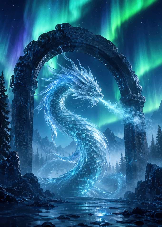 Ice Dragon Under Aurora