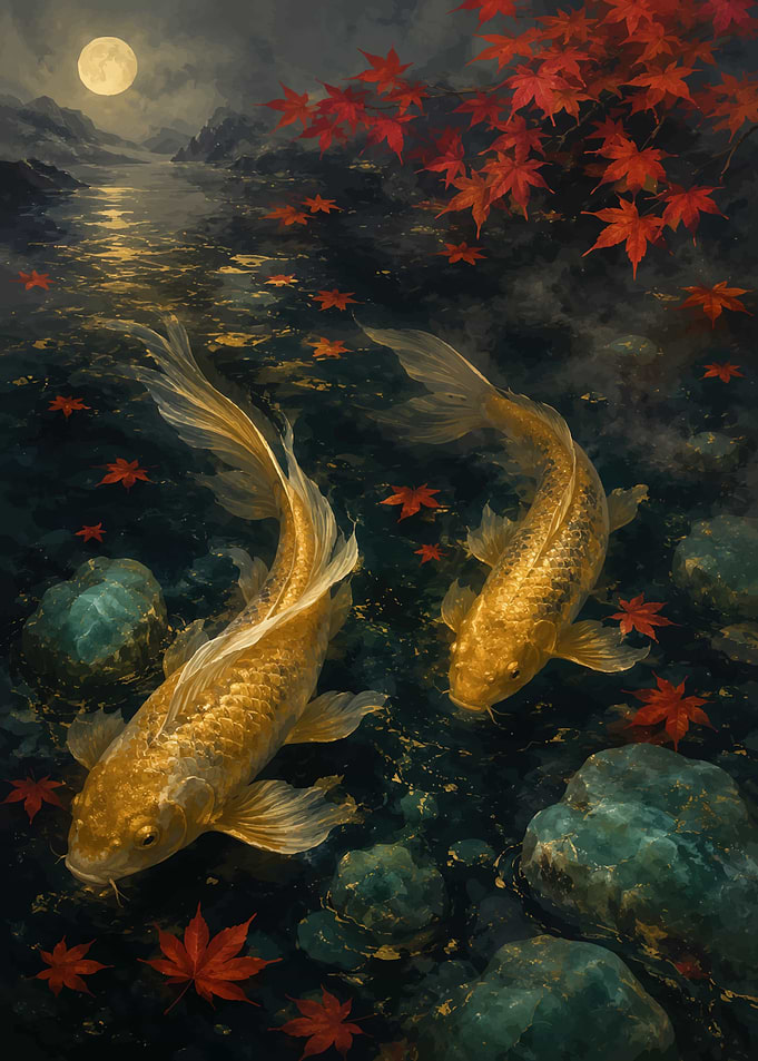Golden Koi Fish Under the Moon
