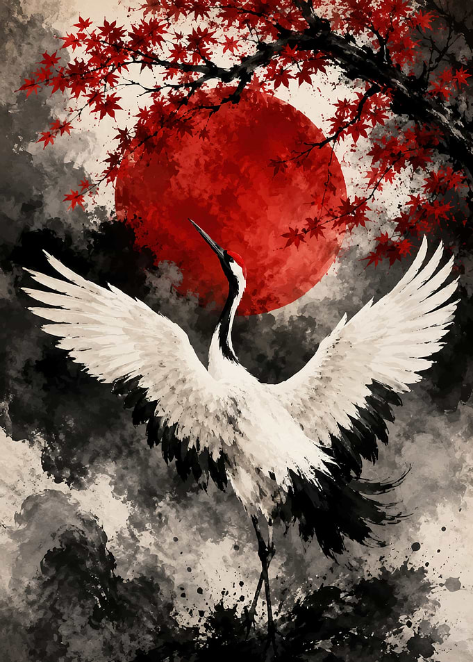 Crane and Red Sun Painting