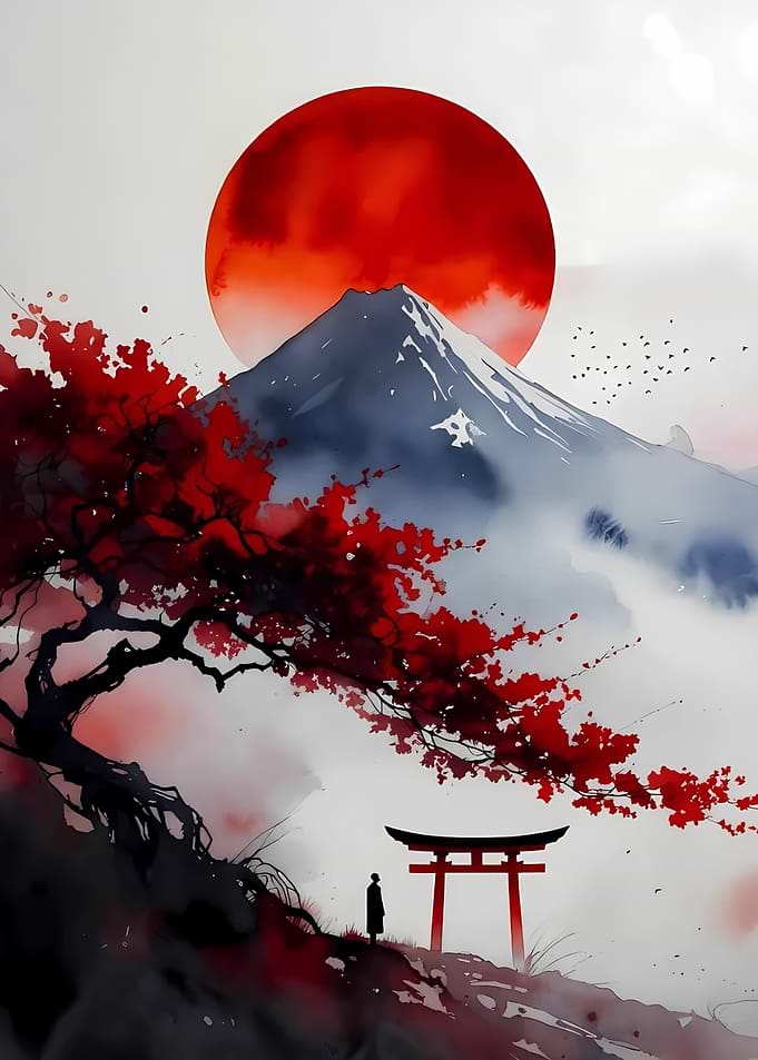 Japanese Landscape with Red Sun and Torii Gate