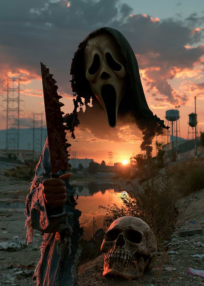 Ghostface with Saw and Skull at Sunset