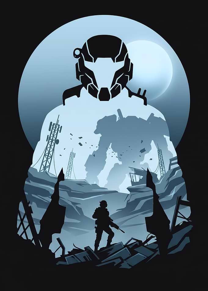 Sci-fi soldier and mech silhouette
