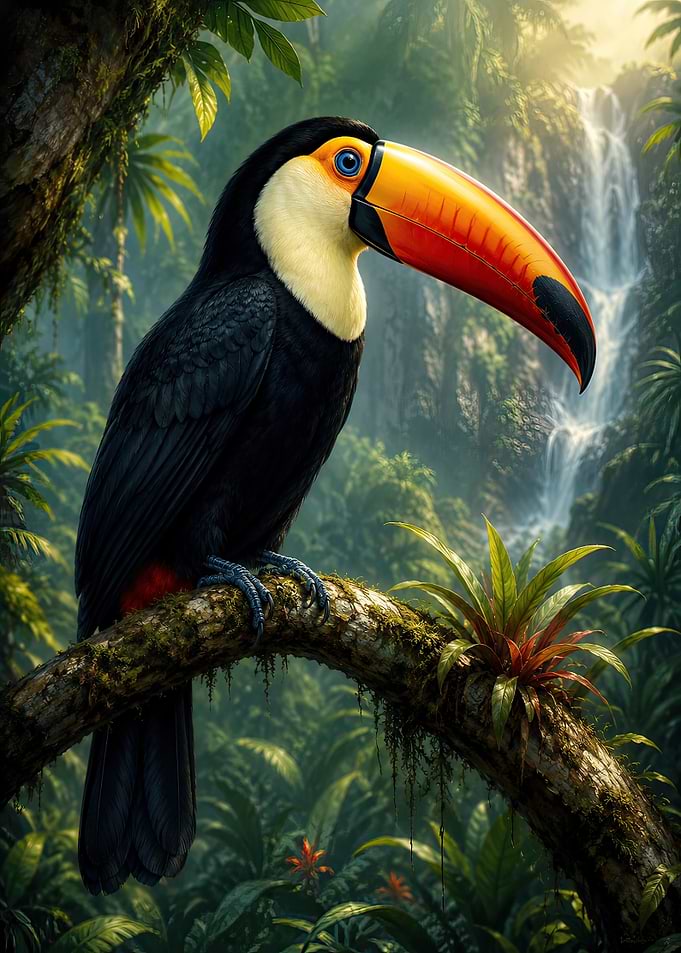 Toucan perched in a lush rainforest