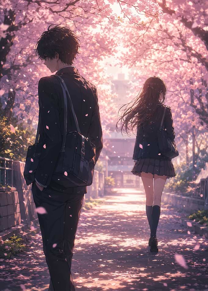 Anime Couple Under Cherry Blossoms
