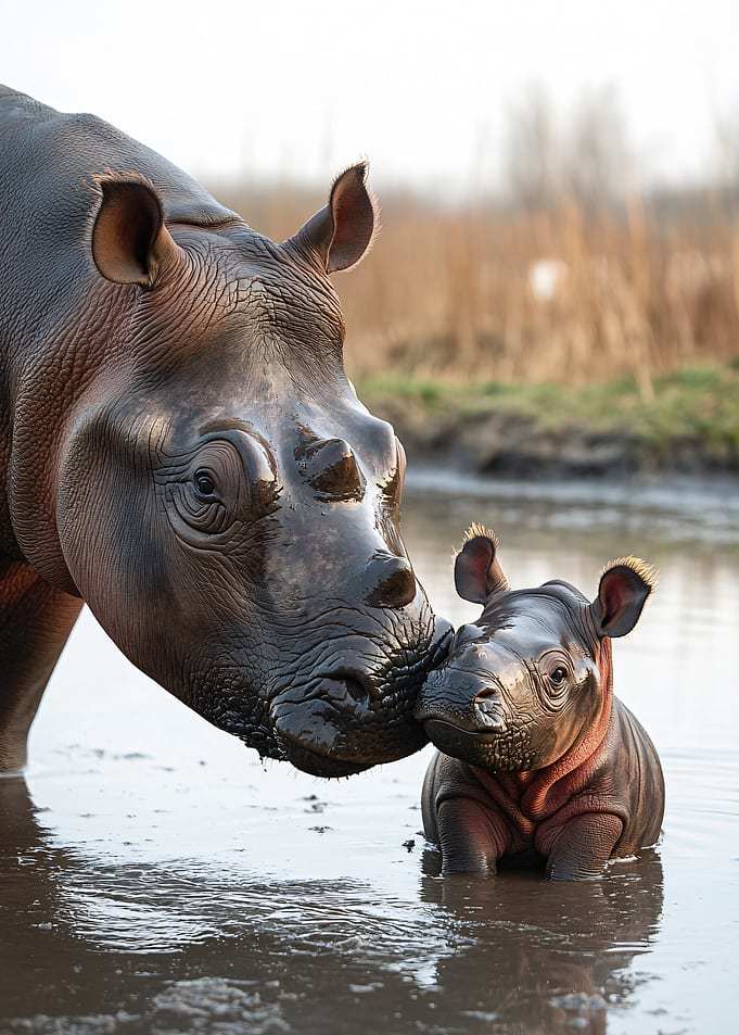 Mother and baby rhino in water