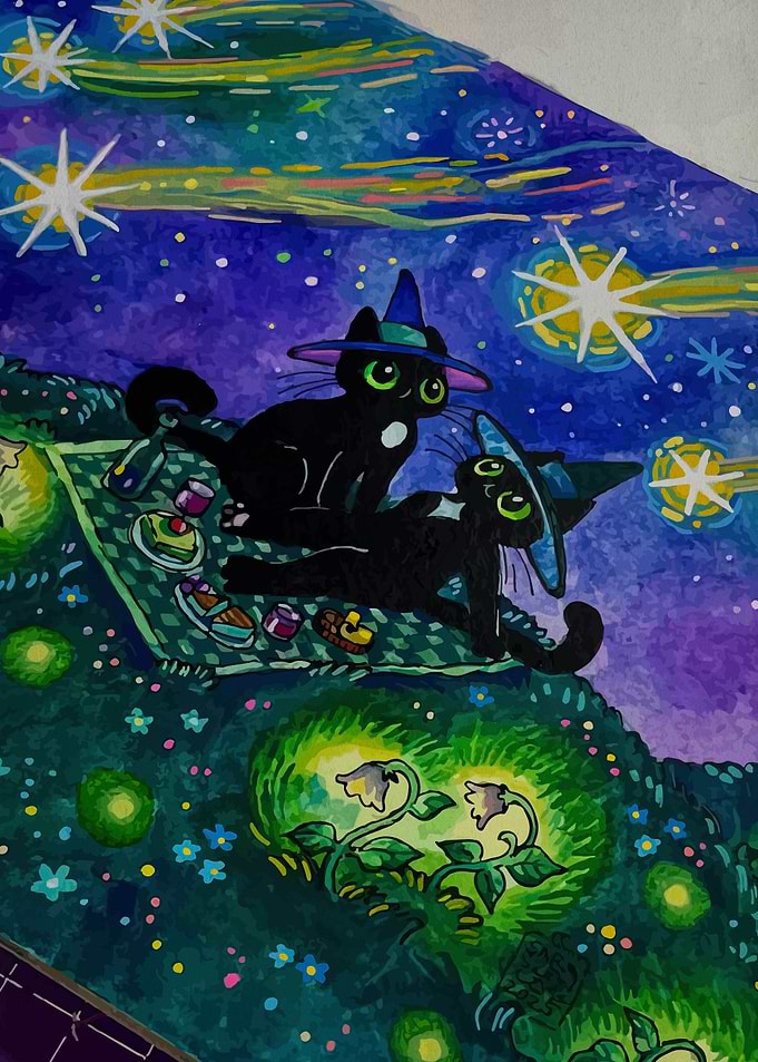 Witch Cats on a Picnic Under the Stars