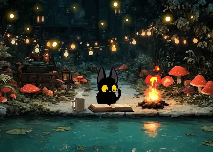 Black Cat Reading by Campfire