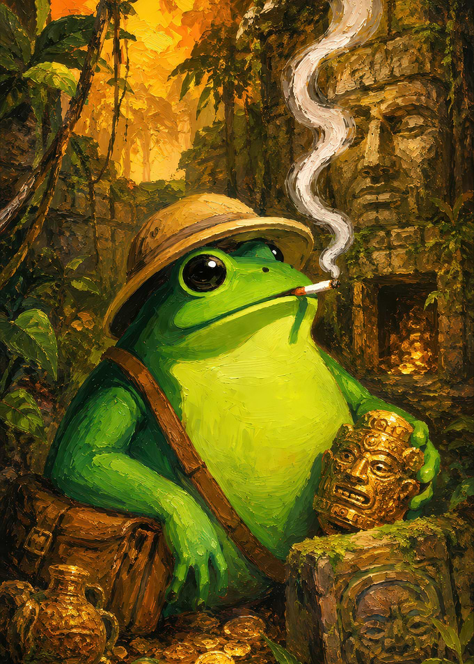 Adventurous Frog Explorer with Treasure