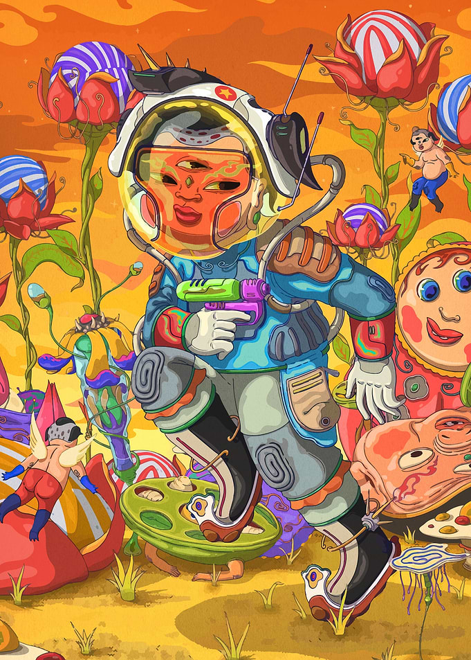 Surreal Space Explorer with Alien Flora