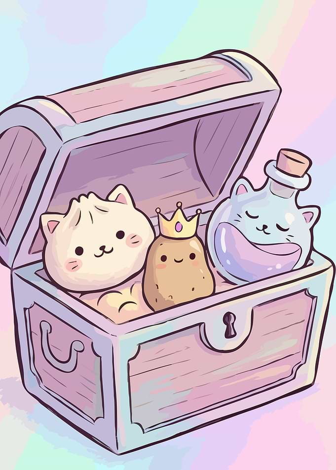 Cute Treasure Chest with Kawaii Characters