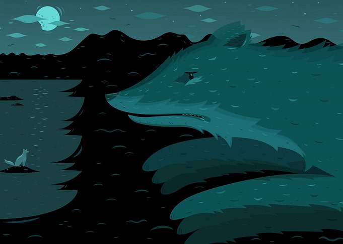 Giant Wolf and Small Fox Under Moon
