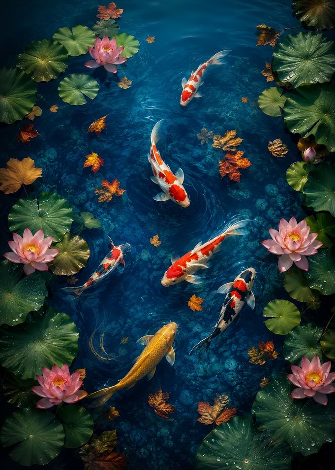 Koi Fish and Lotus Flowers in Pond