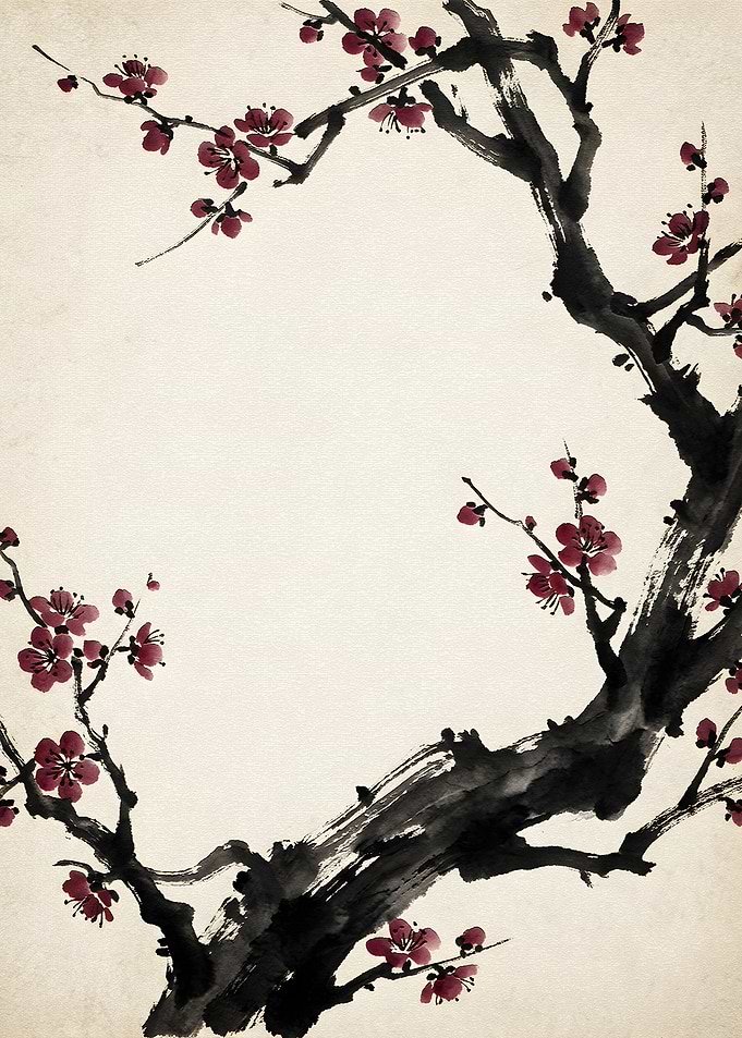 Ink Wash Plum Blossoms on Textured Paper