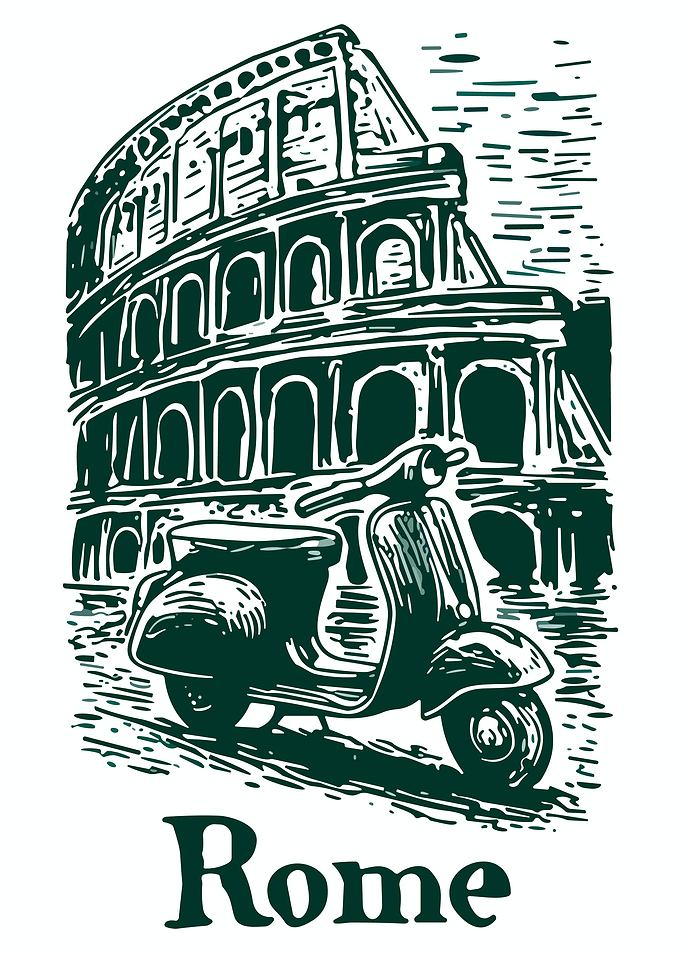 Rome Colosseum & Vespa Vintage Woodcut Style Travel Poster Wall Art