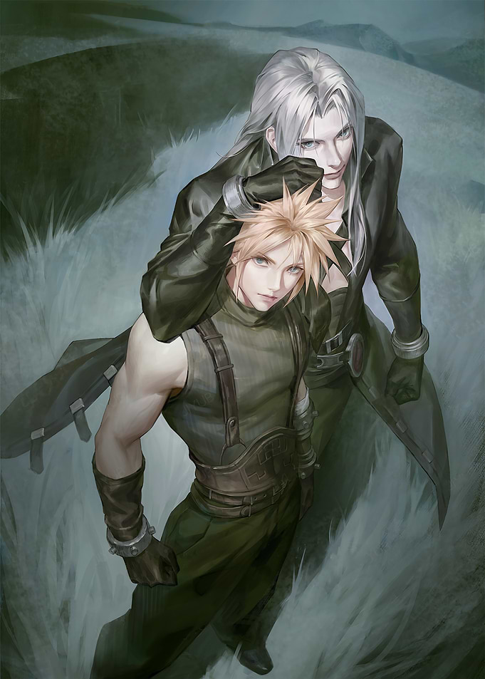 Cloud and Sephiroth in a field