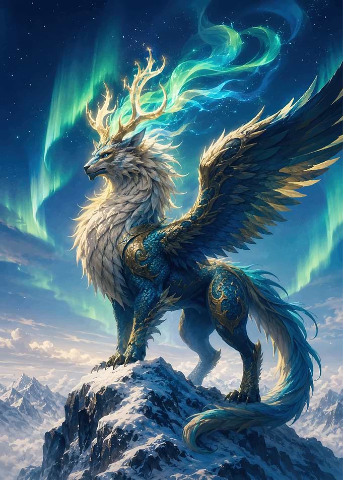 Mythical Creature in Snowy Mountains