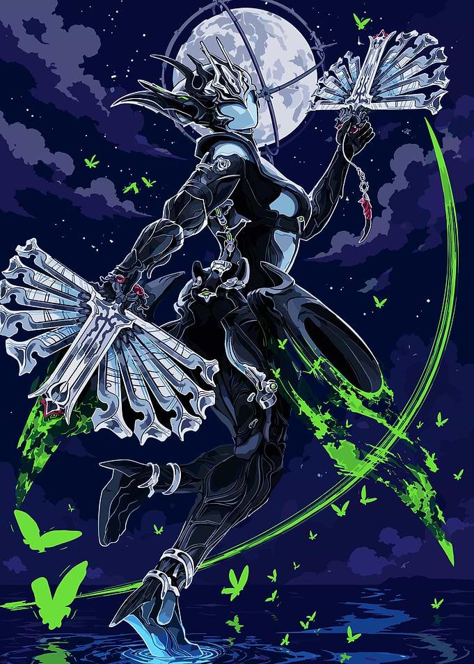 Warframe character with fans at night