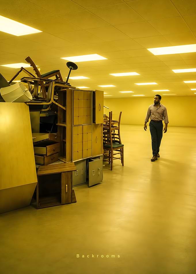 Man walking in yellow Backrooms