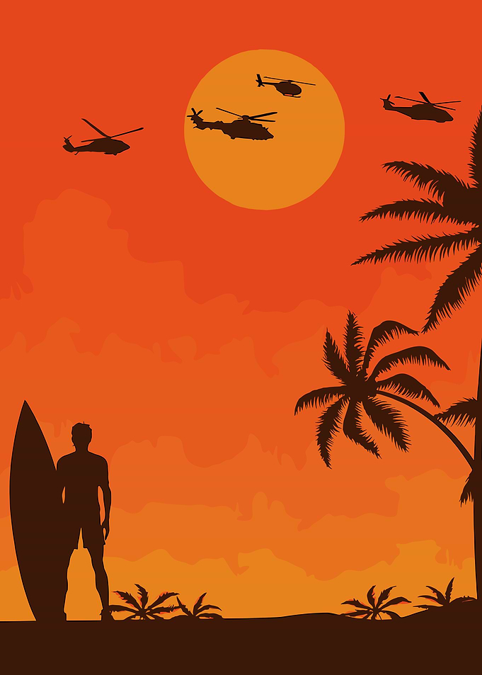 Surfer and Helicopters at Sunset