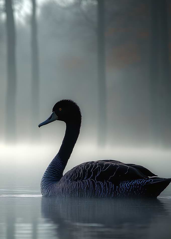 Black Swan in Misty Lake