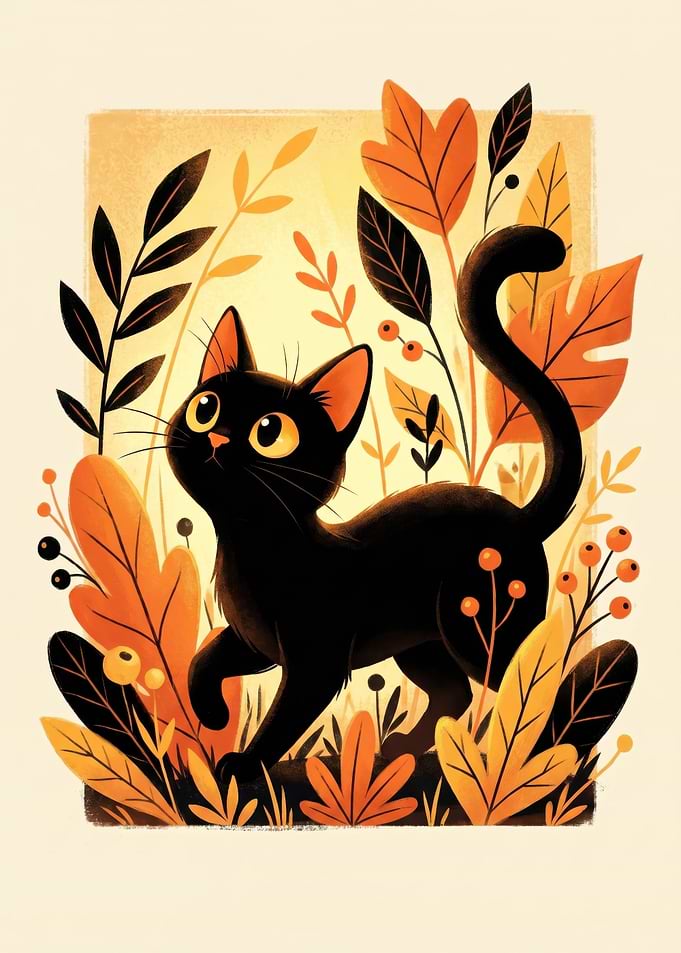 Black Cat in Autumn Leaves