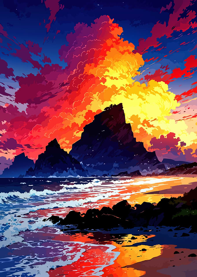 Dramatic Sunset Over Rocky Coastline