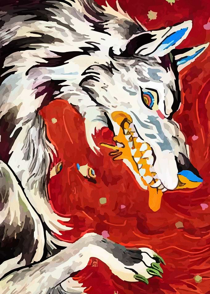 Aggressive Wolf in Red Background