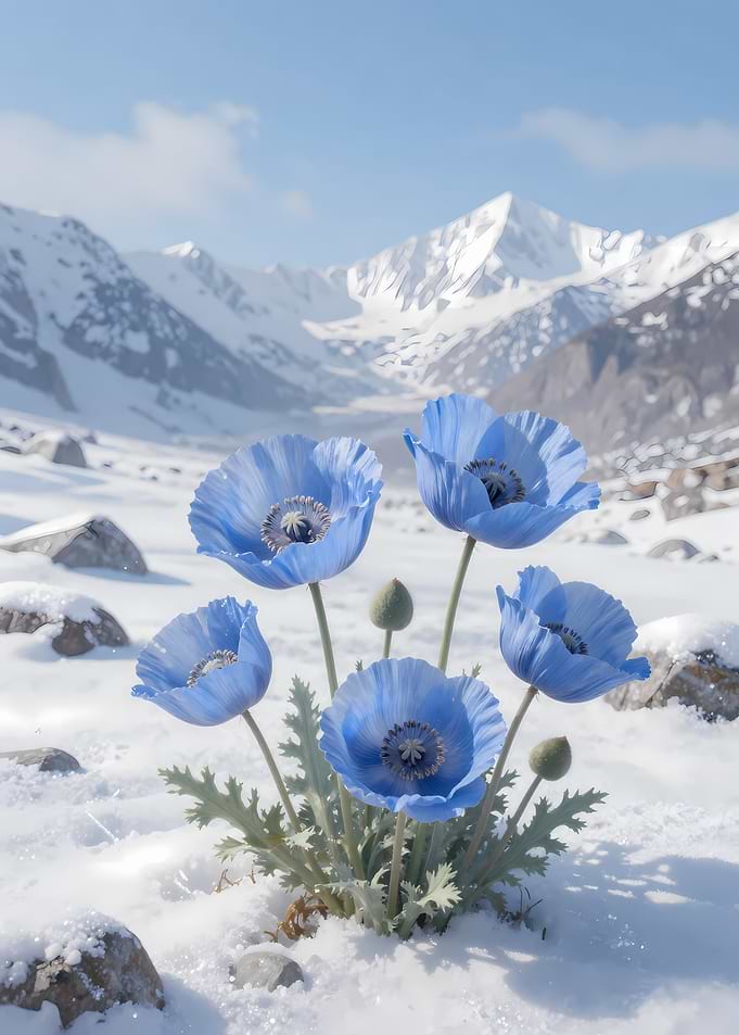 Blue Poppies in Snowy Mountains