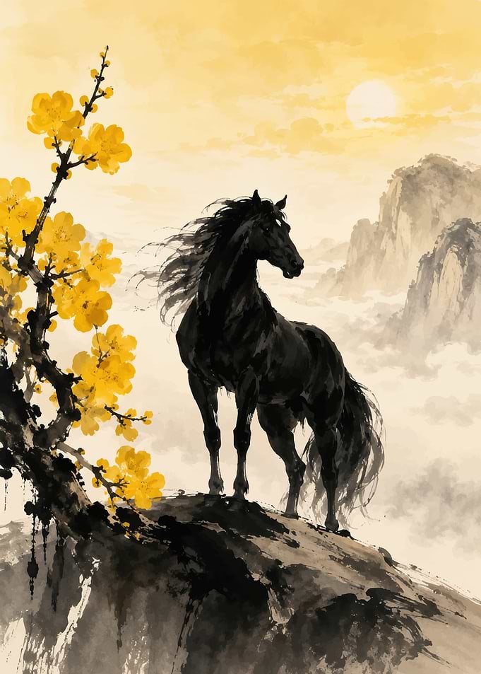 Black Horse on Mountain with Yellow Flowers