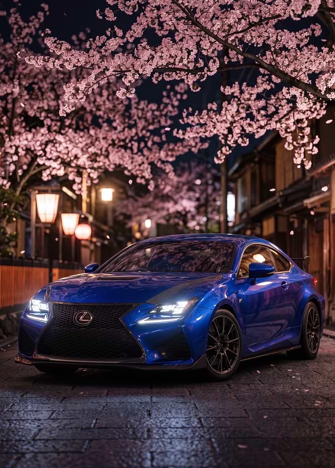 Blue Lexus RC F Under Cherry Blossoms