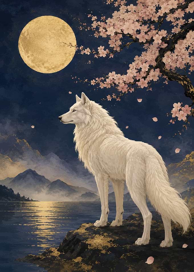 White Wolf Under Cherry Blossoms