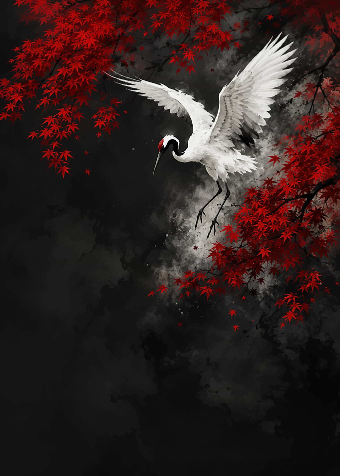 Crane and Maple Leaves