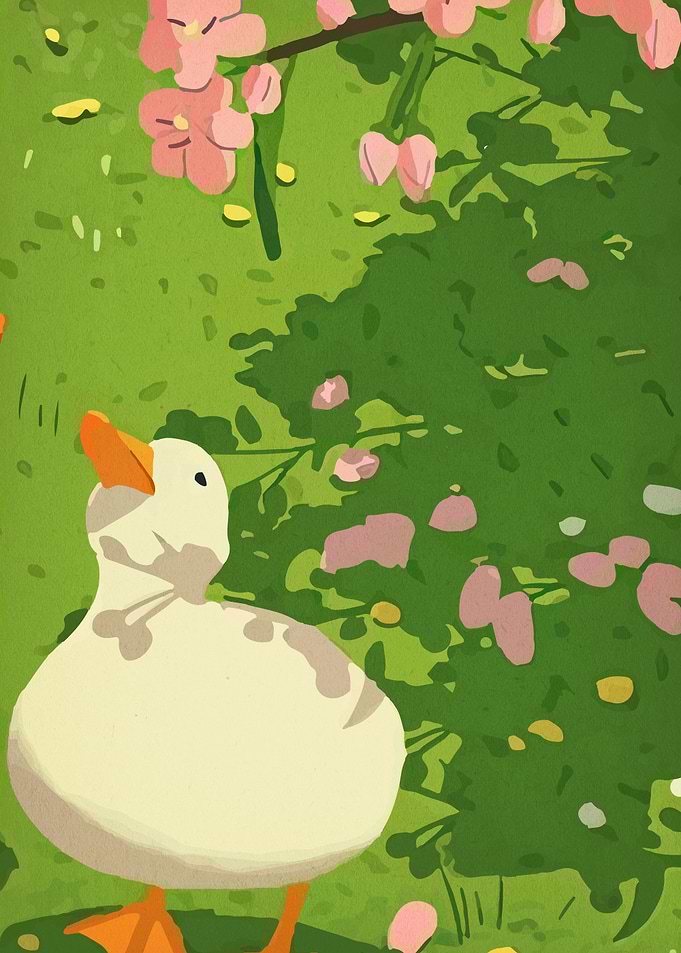 Cute Duckling Under Cherry Blossoms
