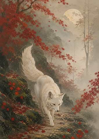 White Wolf in Autumn Forest