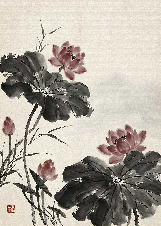 Ink Wash Lotus Flowers and Leaves
