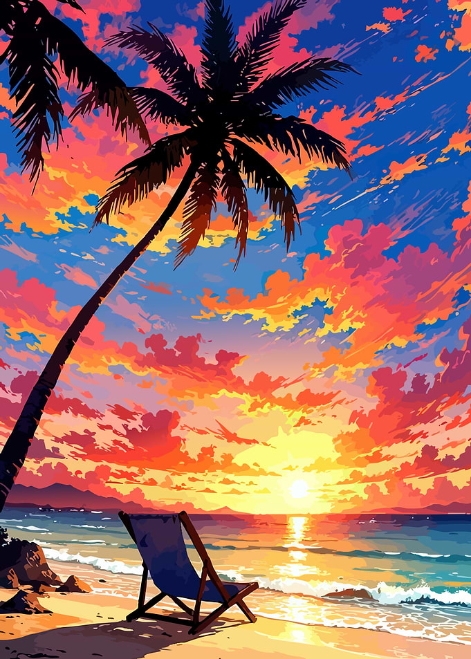Tropical Beach Sunset with Palm Trees