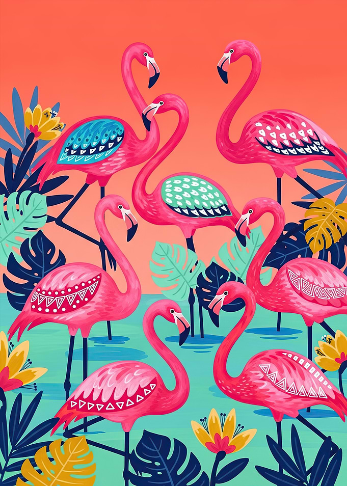Vibrant Flamingos in Tropical Setting