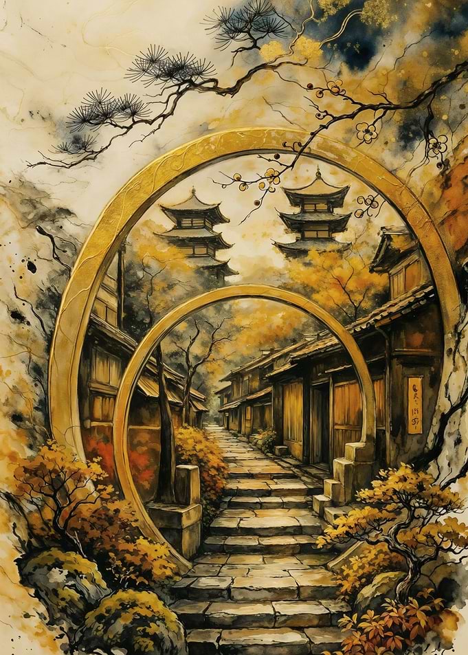 Golden Archway – Japanese Pagoda Path – Abstract Fantasy #96
